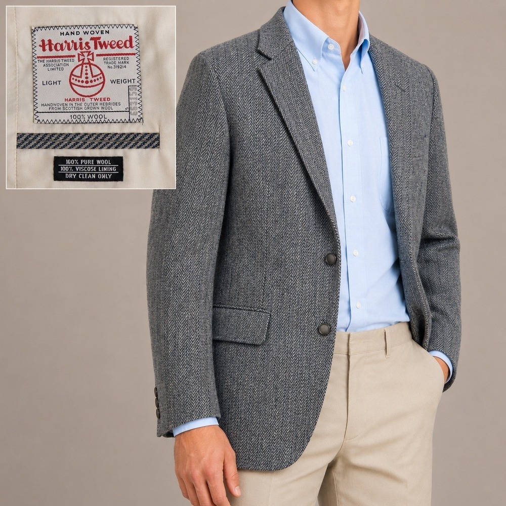 Harris Tweed Blazer Mens Blue Herringbone Wool Sport Coat Jacket Monatic FLAW